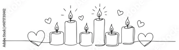 Fototapeta black and white vector of burning candles surrounded by hearts in a romantic line style