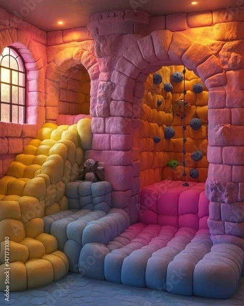 Fototapeta Playful, colorful kids' play area resembling a whimsical castle.  Soft, padded structures, climbing walls, and a slide create a vibrant, imaginative space