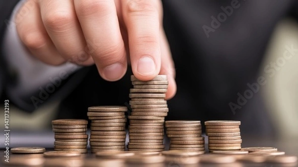 Fototapeta Financial Growth: A Hand Carefully Arranging Stacks of Coins, Representing Financial Progress, Savings, and Investment.