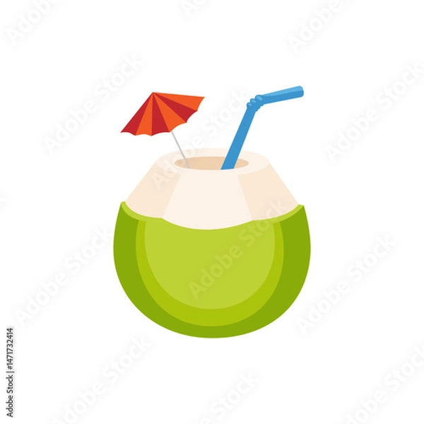 Fototapeta A summer postcard with a coconut cocktail and a straw on a white background.