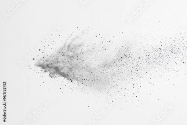 Fototapeta A monochrome explosion of dark dust particles spread across a clean white background, creating an abstract and dynamic effect.