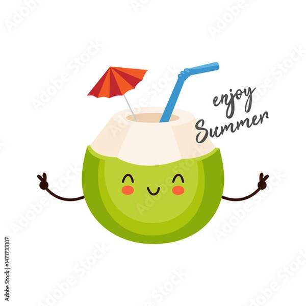 Fototapeta Exotic coconut cocktail, funny character, summer vacation concept, cartoon illustration on a white background.
