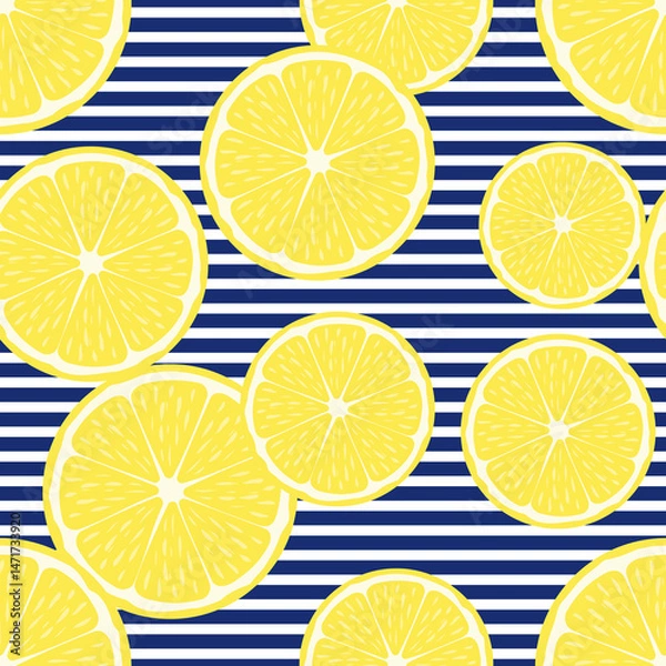 Fototapeta Tropical seamless background with yellow lemons. A repeating pattern of lemon circles on a striped background. 