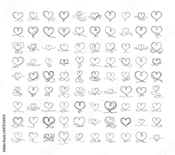 Obraz vector set of hand drawn heart icons in minimalist one line black and white style