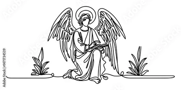 Fototapeta black and white vector of kneeling angel with open book, symbolic religious line drawing