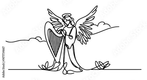 Fototapeta black and white line art vector of an angel playing harp in clouds