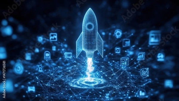 Obraz Futuristic rocket launching into digital network