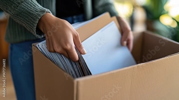 Fototapeta A Person Packing Documents into a Cardboard Box, signifying moving, change, or transition.