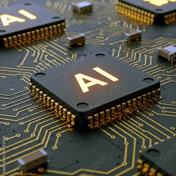 Fototapeta AI (Artificial Intelligence) technology concept, AI chip IC on board, PCB board, CPU.
