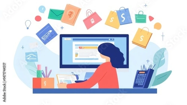 Fototapeta E-commerce Business Woman Working on Computer