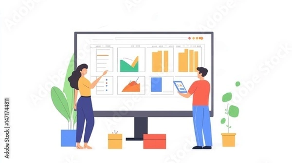 Fototapeta Data Analysis Team Collaboration: Visualizing Business Growth and Progress Through Charts and Graphs on a Large Monitor