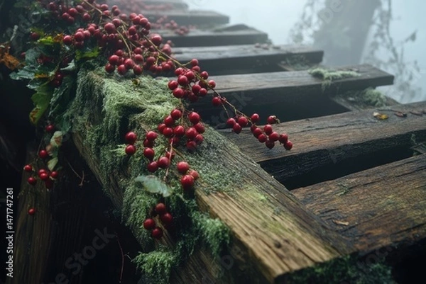 Fototapeta A weathered wooden structure, draped in vibrant red berries and lush green moss, shrouded in a misty atmosphere.
