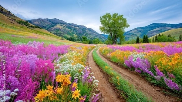 Fototapeta Tank trails weave through a vibrant wildflower expanse, showcasing a stark contrast between the harshness of conflict and the serenity of nature's beauty.