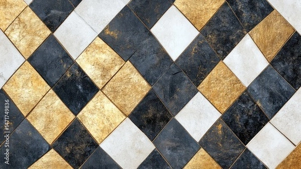 Fototapeta Elegant Checkerboard Pattern of Gold, Black and White Tiles