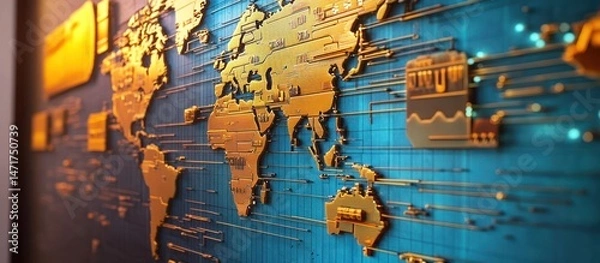 Fototapeta Global Connectivity Network: Golden World Map on a Futuristic Blue Circuit Board