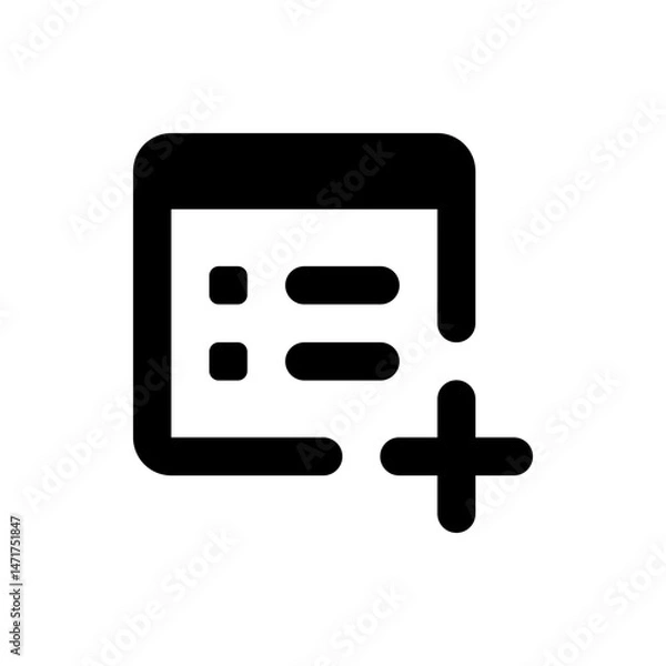 Obraz Black and white icon depicting a document with list items and a plus sign in the lower right corner