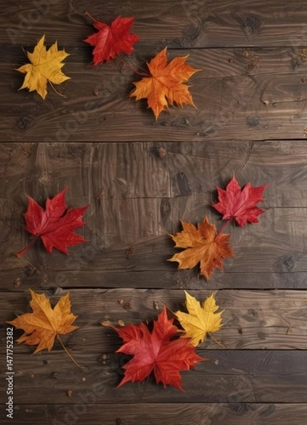 Fototapeta Crimson & gold maple leaves scattered on rustic wood grain , image, background
