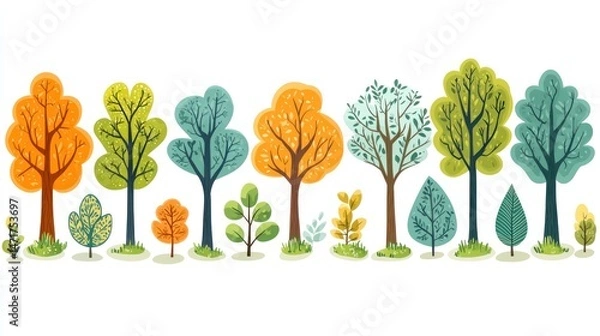Fototapeta Colorful cartoon trees in various sizes and colors