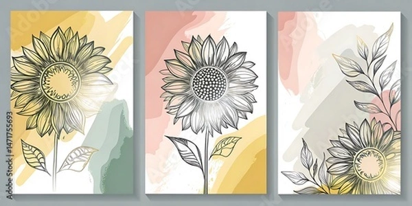 Fototapeta Three decorative vertical panels display outlined sunflowers with watercolor washes as background elements