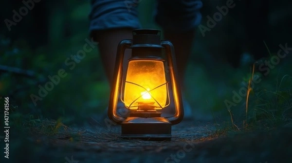 Obraz Person walking through dark woods at night, lit by a vintage lantern