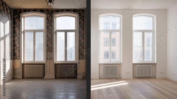 Fototapeta Renovated Rooms with Spacious Windows and Heating Systems, Before and After Restoration, Comparing Old Apartment with Newly Renovated Residence