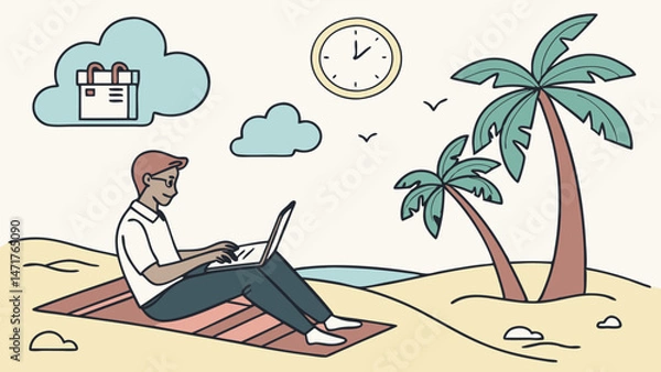 Obraz Remote Work and Digital Nomad Lifestyle – Vector Sceneremote work, digital nomad, working outdoors, laptop beach, freelancer life, work from anywhere, mobile work, freedom lifestyle, laptop travel, re