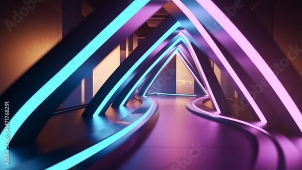 Obraz Abstract Neon Light Tunnel Futuristic Architecture and Glowing Pathways