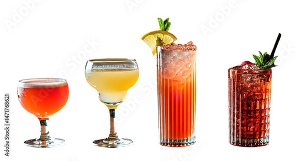 Fototapeta A lineup of four vibrant cocktails against a stark black backdrop showcasing their distinct colors