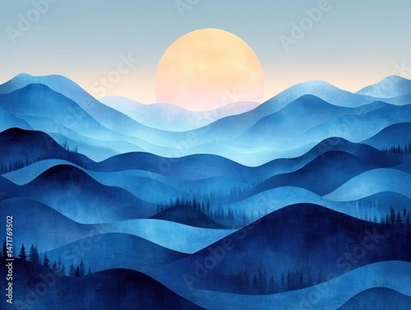 Obraz Misty mountain range at sunrise. Soft blue hues