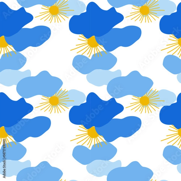 Obraz Seamless pattern of yellow sun and clouds of different shades of blue  in children's style hand drawn for posters, cards, stickers. Seamless pattern on pastel soft blue background
