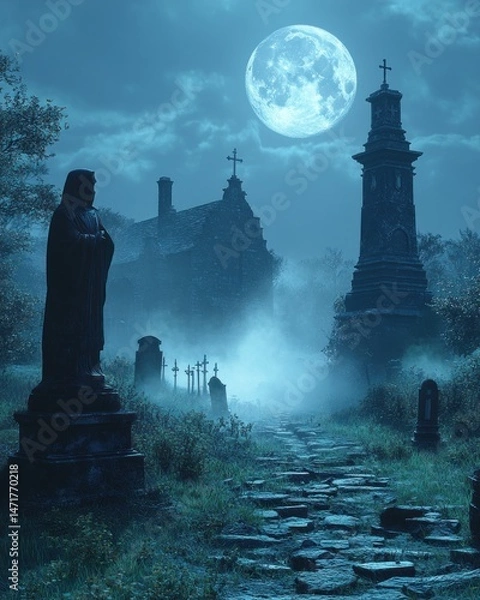 Obraz Misty graveyard at night, ancient stone structures