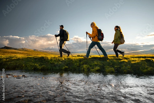 Obraz Hikers group with trekking poles walk along a stream on a mountain plateau at sunset, low angle view
