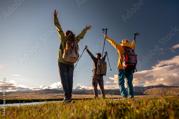 Obraz View from below of tourists in the mountains standing on the river bank and raising their hands, low angle view
