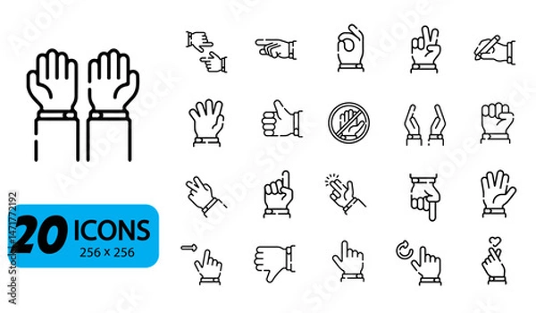 Fototapeta Set of 20 Hand Gestures and Sign Language Icons, Outline Style, 256x256 Pixels