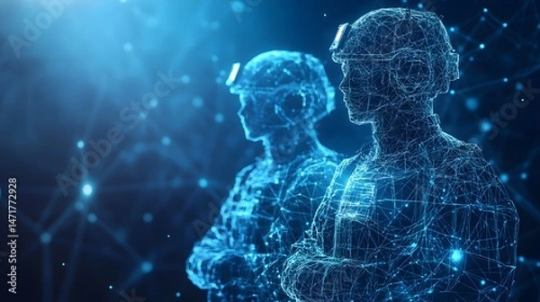 Fototapeta Futuristic soldiers rendered as glowing blue wireframes stand guard. Their crossed arms and military gear suggest protection. Abstract networks evoke digital warfare, Abstract dark blue wireframe.