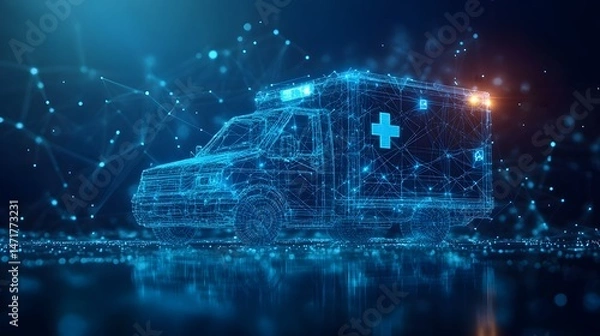 Fototapeta A glowing, digital ambulance wireframe against a networked background. Symbolic of modern healthcare technology and emergency services. Ideal for medical tech marketing. Abstract dark blue wireframe.