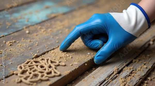 Fototapeta Close-Up of Gloved Hand Examining Termite Damage on Wood Surface