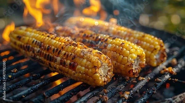 Fototapeta Delicious grilled corn on the cob roasting over an open flame barbecue grill