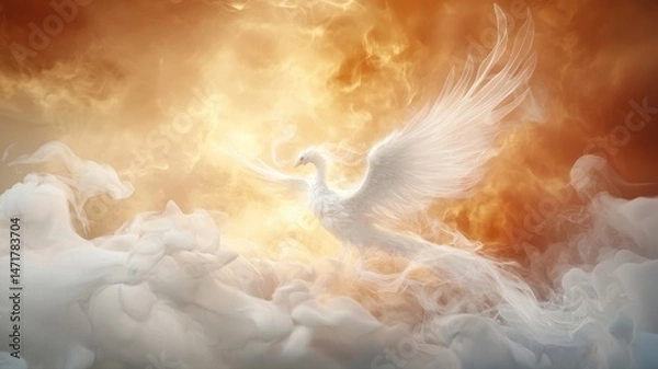 Fototapeta White Ethereal Phoenix Soaring Through Golden Clouds phoenix ethereal white soaring clouds bird gold