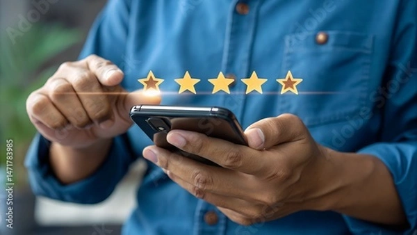 Fototapeta Online customer satisfaction Survey service concept, client rate service from experience in application,Consumer give five-Stars and feedback review for quality, Business reputation ranking from buyer
