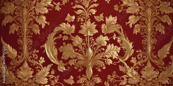 Obraz Intricate gold leaf floral damask on deep crimson backdrop, design, gold, tapestry