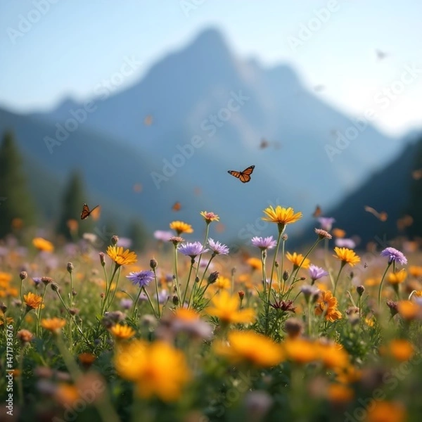 Fototapeta A field of colorful wildflowers swaying in the breeze, with butterflies fluttering and mountains silhouetted in the background.