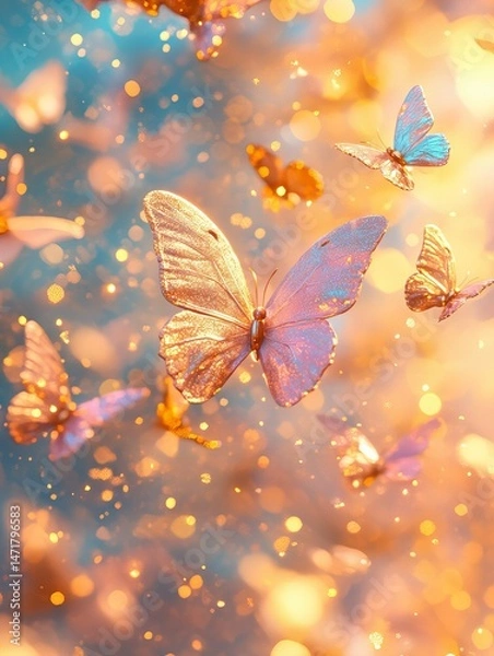 Fototapeta Colorful abstract background with butterflies light texture energy glow wings swirl fantasy new beautiful stock image illustration AI