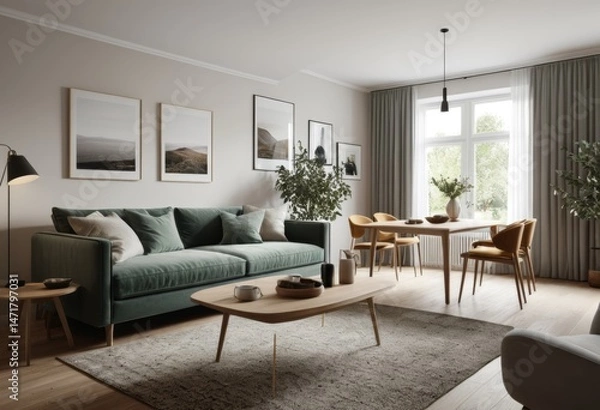Fototapeta There is a living room with sofa table chairs and carpets