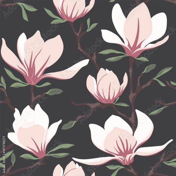 Fototapeta Seamless pattern with spring flowers magnolia and leaves, floral pattern for wallpaper background. Vector illustration.