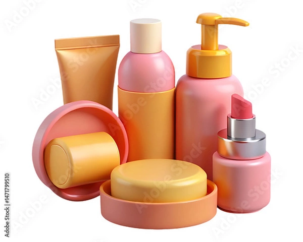 Fototapeta 3D Render Set of Pink and Orange Cosmetic Bottles and Containers Isolated on Transparent Background PNG