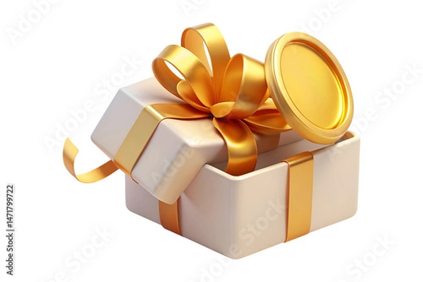 Fototapeta 3D Render of an Open Gift Box with a Golden Bow and Coin Inside Isolated on Transparent Background PNG