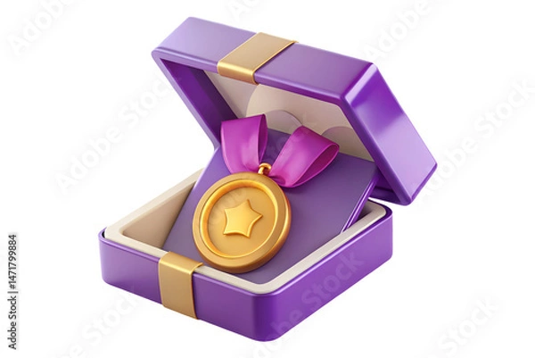 Fototapeta 3D Render of an Open Purple Gift Box with a Gold Medal and Purple Ribbon Inside Isolated on Transparent Background PNG