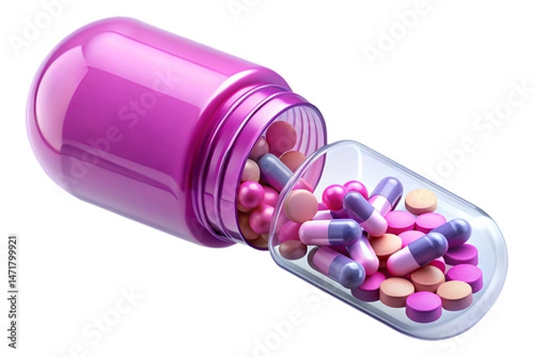 Fototapeta 3D Render of an Open Pink Pill Bottle with Colorful Pills Spilling Out Isolated on Transparent Background PNG