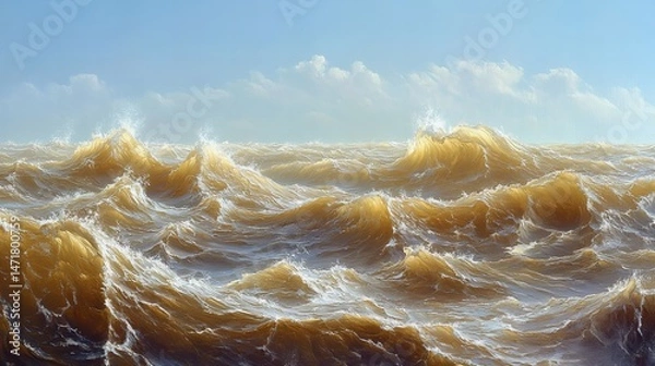 Fototapeta Ocean, Waves, Landscape, Nature, Blue, Sea, Sky serene panoramic view with rolling surf and coastal horizon new beautiful stock image illustration AI